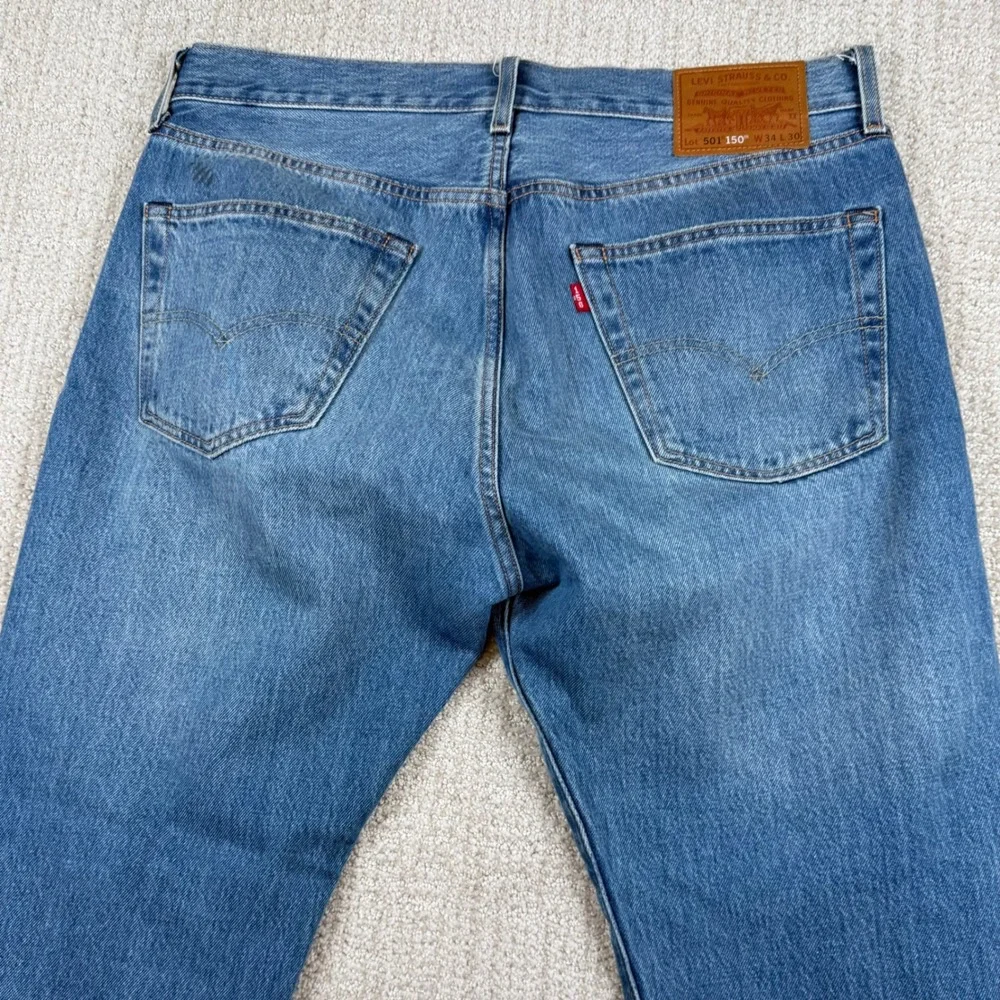 Levi's 501 Mens 34x30 150th Anniversary Distressed Straight Leg Denim Blue Jeans